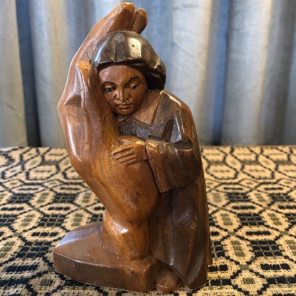 Wood Sculpture Held in Gods Hands Artisan Piece Women Held in Gods Hand 6" Tall - Picture 5 of 7